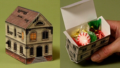 Papercraft imprimible y armable de una casa fantasma para guardar caramelos. Manualidades a Raudales.